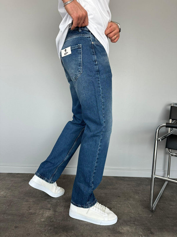 Koyu Lacivert Taşlamalı Baggy Jean