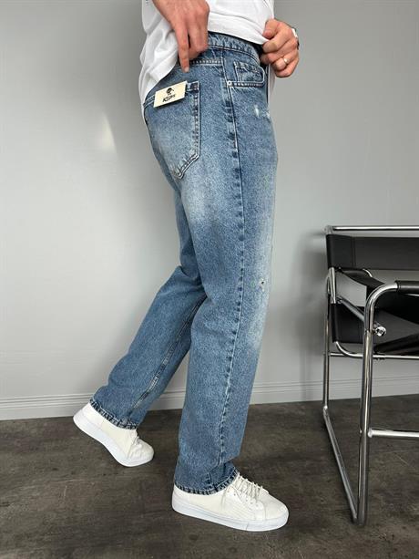 Koyu Lacivert Yıkamalı Yırtıklı Mavi Baggy Jean