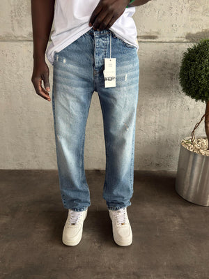 Koyu Lacivert Yıkamalı Yırtıklı Mavi Baggy Jean
