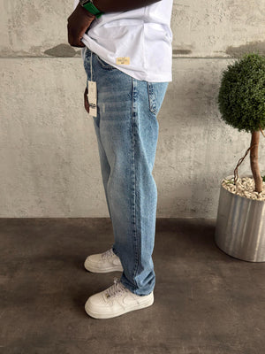 Koyu Lacivert Yıkamalı Yırtıklı Mavi Baggy Jean