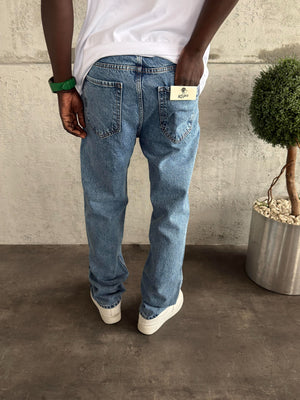 Koyu Lacivert Yıkamalı Yırtıklı Mavi Baggy Jean
