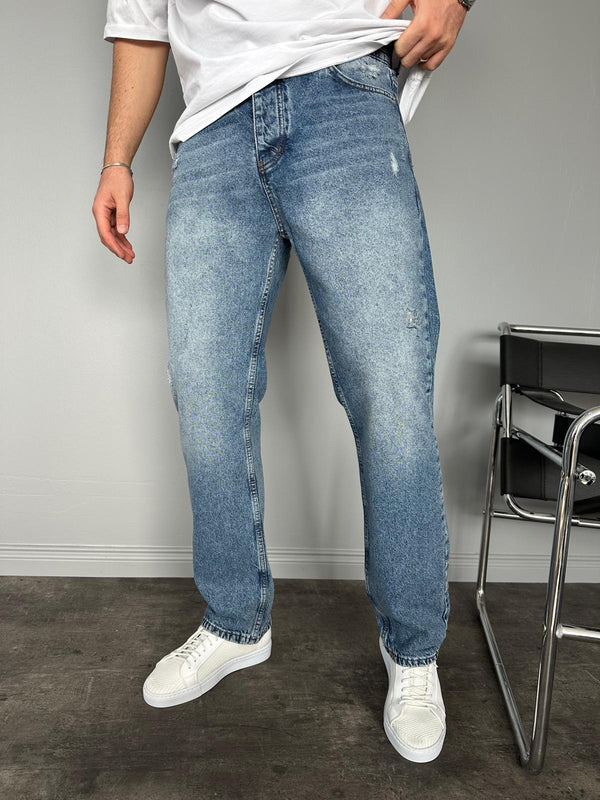Koyu Lacivert Yıkamalı Yırtıklı Mavi Baggy Jean