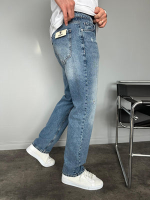 Koyu Lacivert Yıkamalı Yırtıklı Mavi Baggy Jean