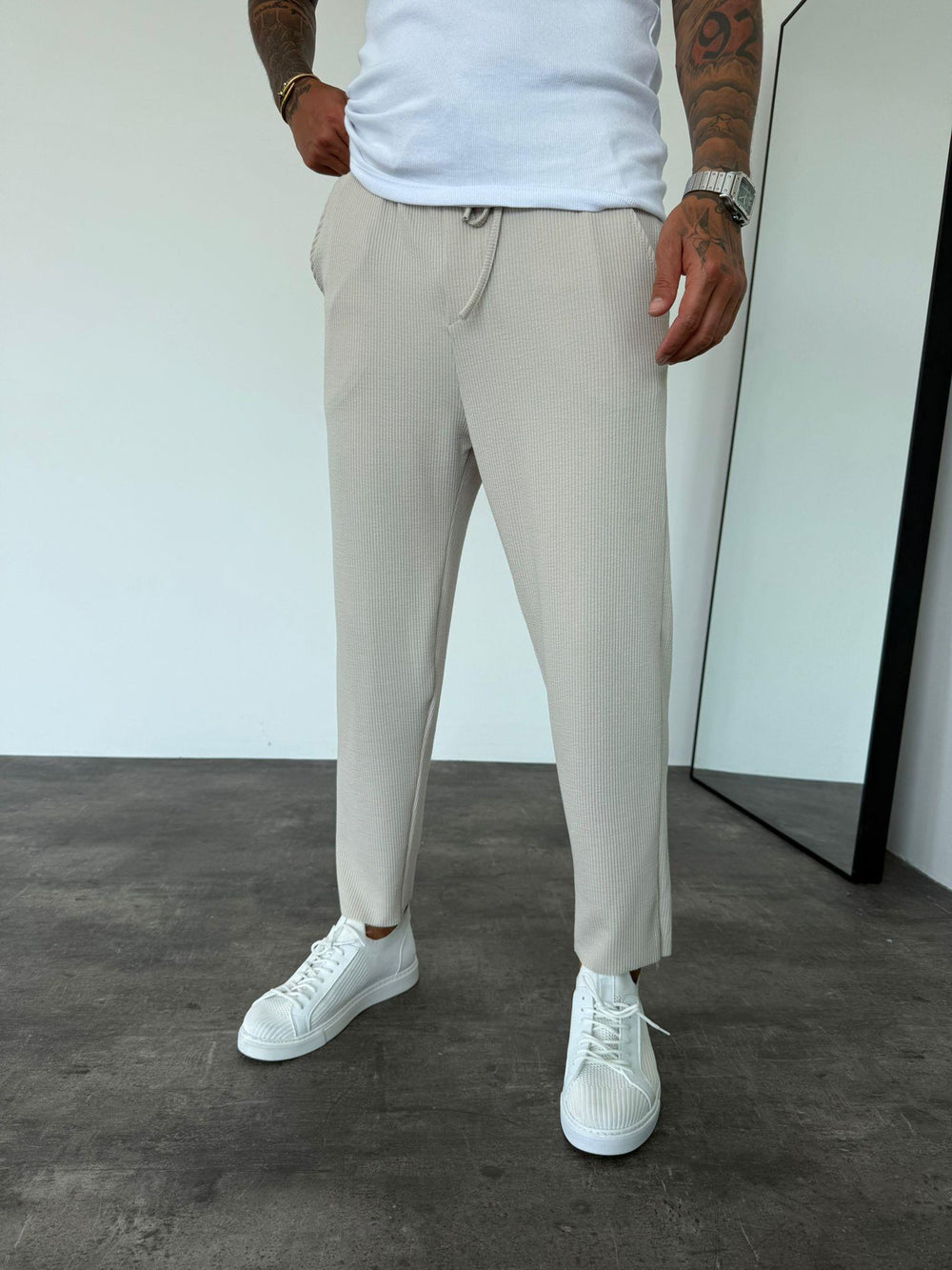 Krem Asimetrik Paça Boyfriend Pantolon