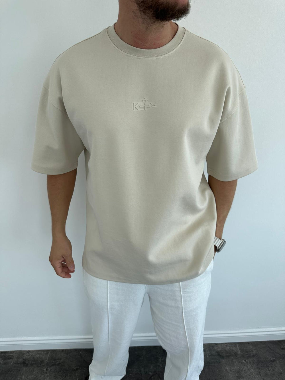 Krem Doubleface Kabartma Baskılı T-Shirt