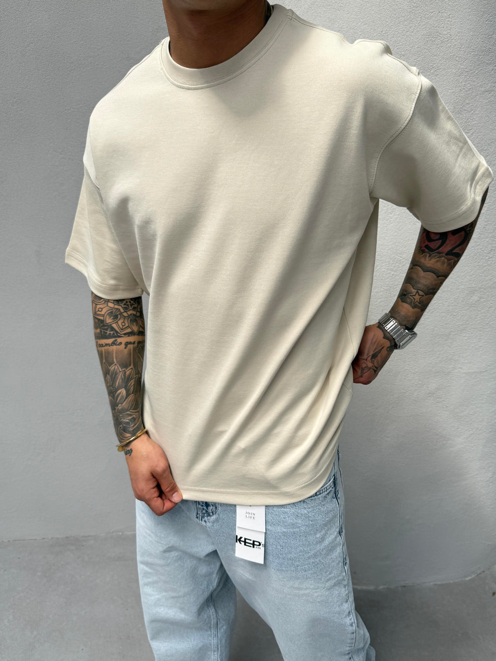 Krem Doubleface Kumaş T-Shirt