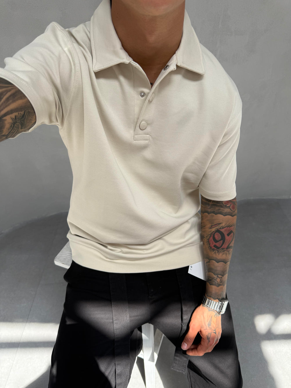 Krem Düğme Detaylı Polo Yaka T-Shirt