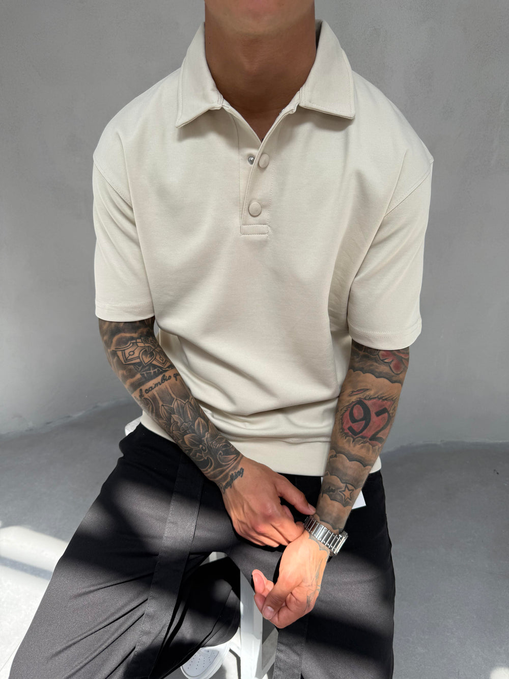 Krem Düğme Detaylı Polo Yaka T-Shirt