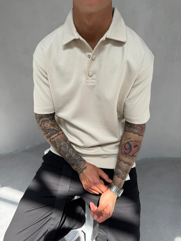 Krem Düğme Detaylı Polo Yaka T-Shirt