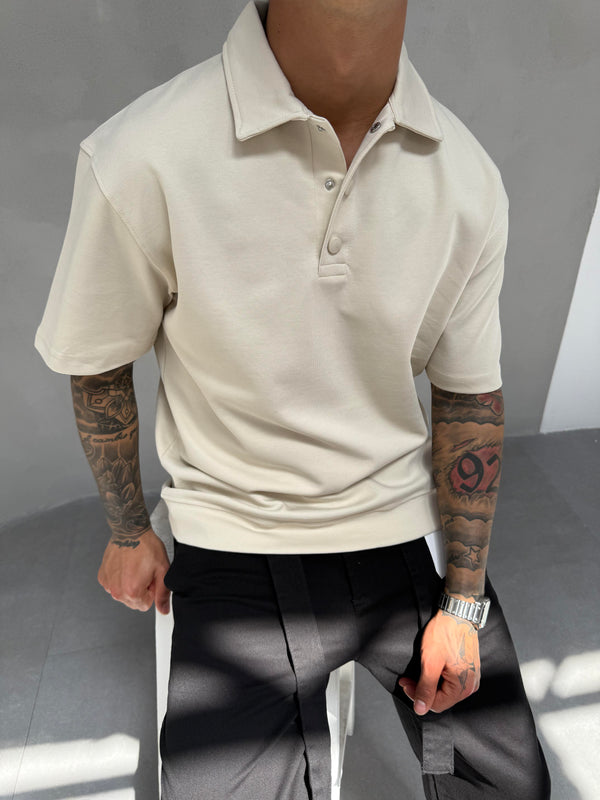 Krem Düğme Detaylı Polo Yaka T-Shirt