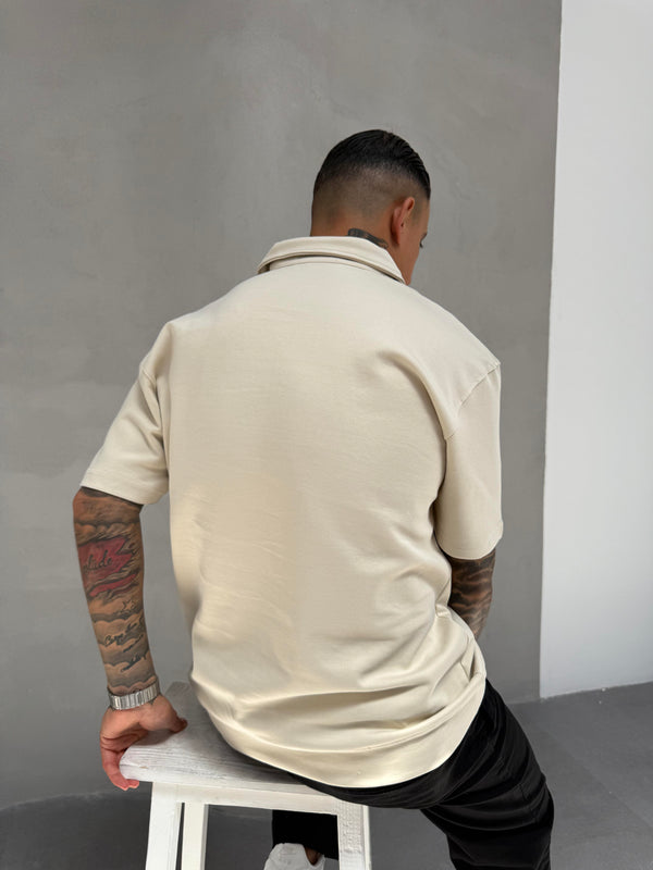 Krem Düğme Detaylı Polo Yaka T-Shirt