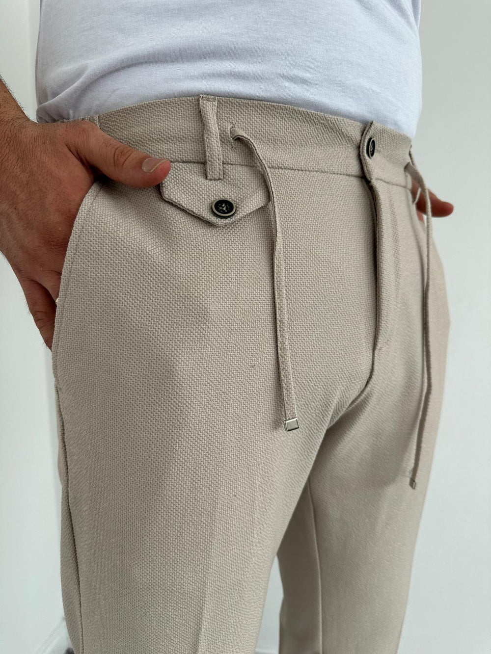 Krem Gofre Kumaş Likralı Pantolon