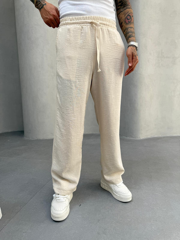 Krem Jakarlı Baggy Pantolon