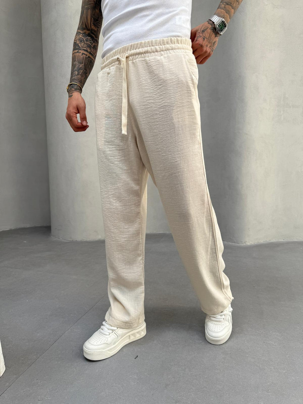 Krem Jakarlı Baggy Pantolon