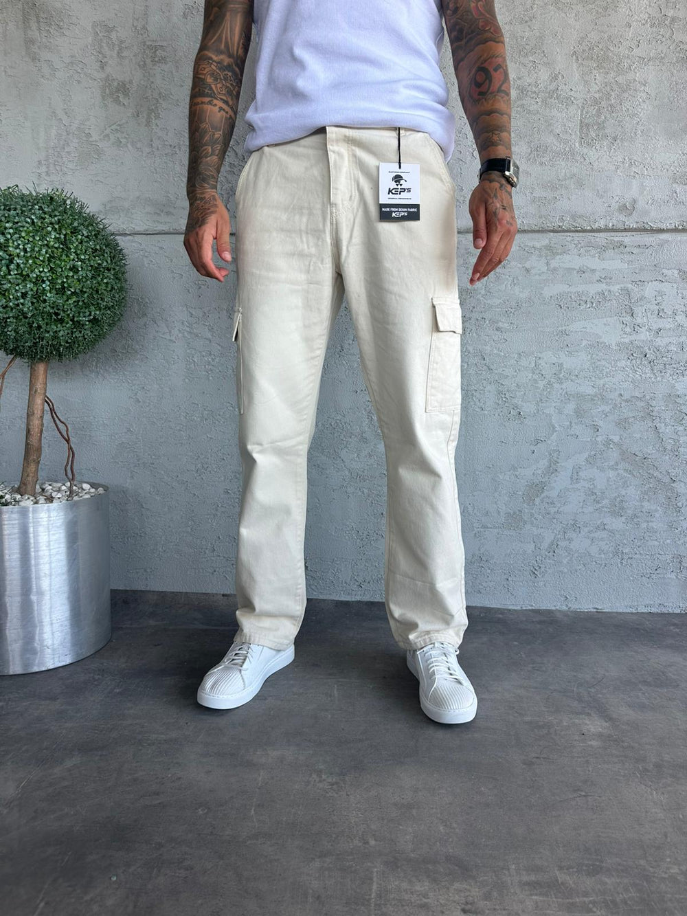 Krem Kargo Cep Baggy Jean