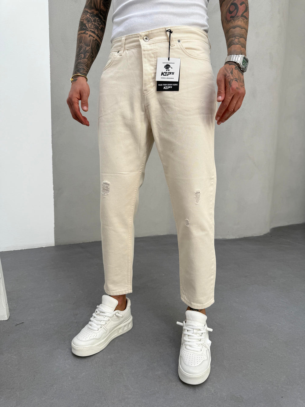 Krem Lazer Detaylı Boyfriend Jean