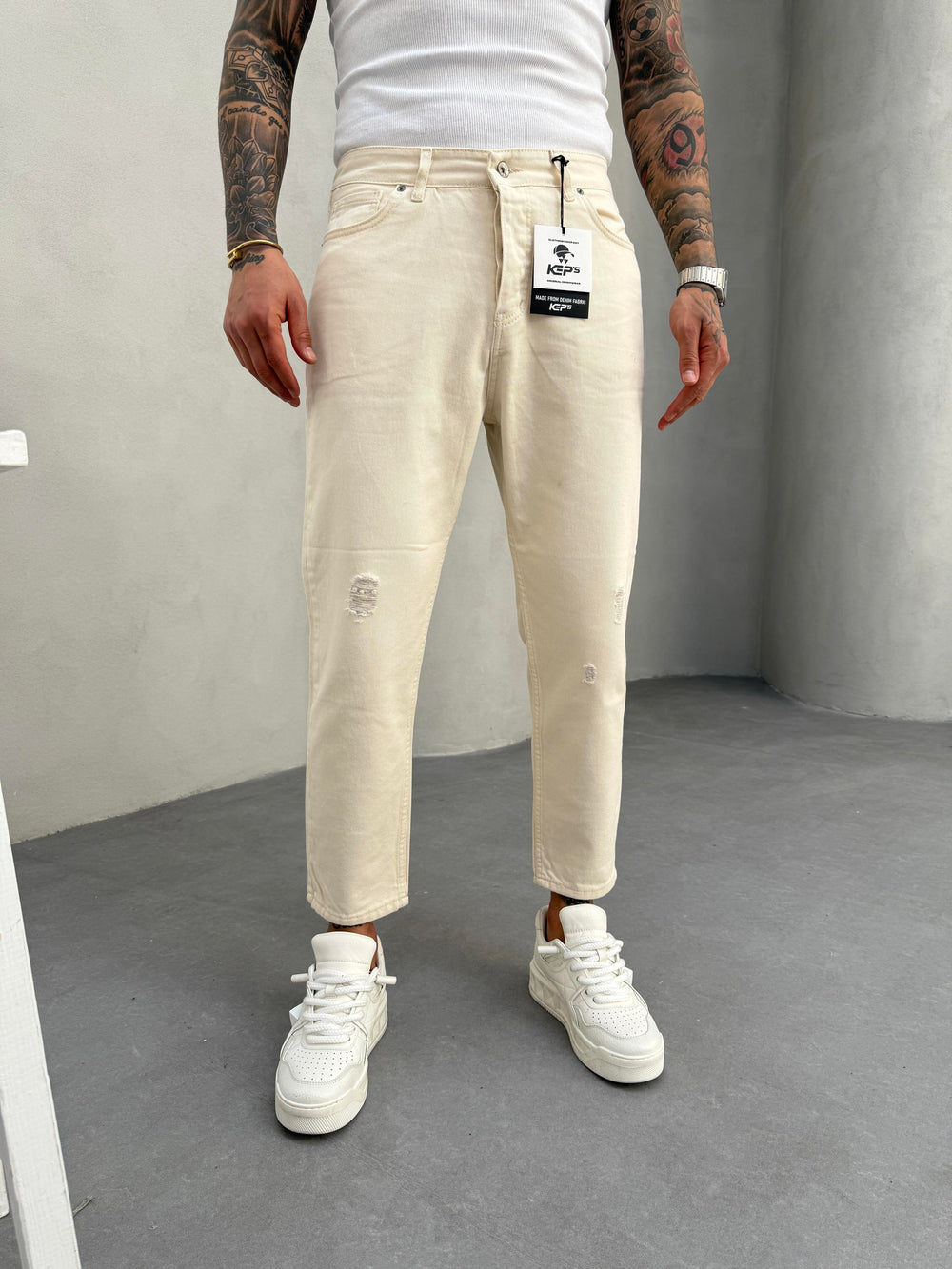 Krem Lazer Detaylı Boyfriend Jean