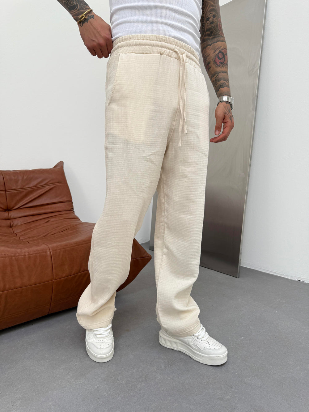 Krem Müslin Kumaş Baggy Pantolon