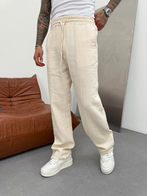 Krem Müslin Kumaş Baggy Pantolon