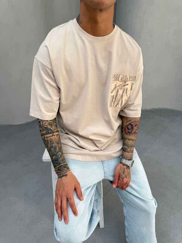 Krem Oversize Baskılı T-Shirt