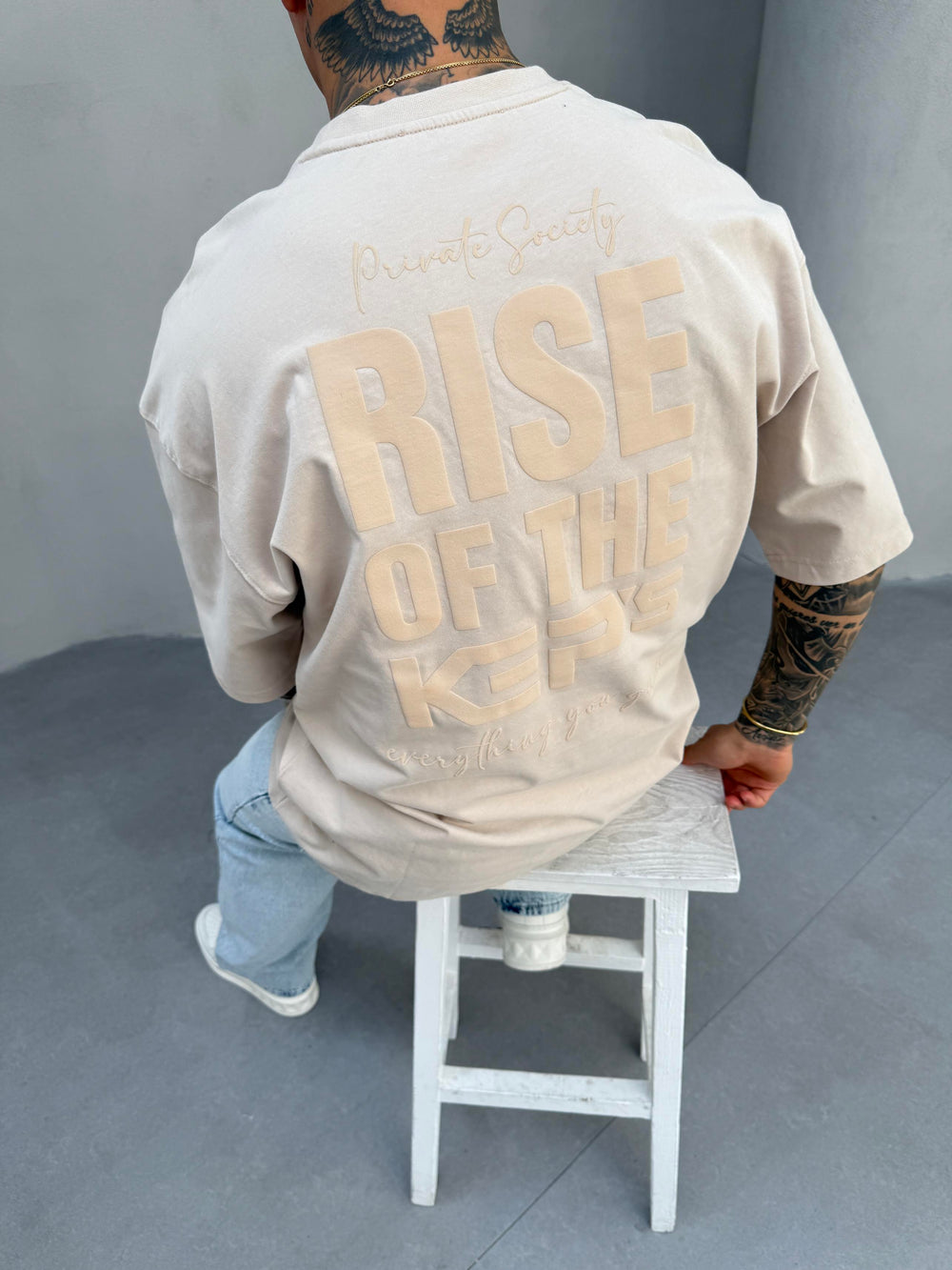 Krem Oversize Baskılı T-Shirt