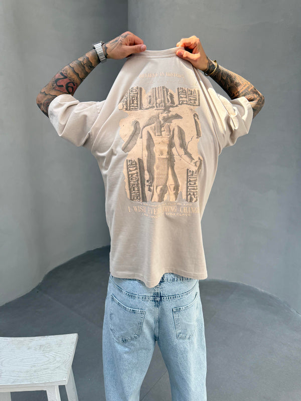 Krem Oversize Baskılı T-Shirt