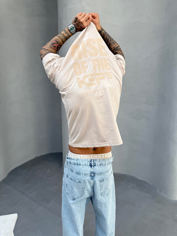 Krem Oversize Baskılı T-Shirt