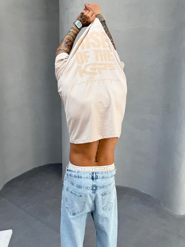 Krem Oversize Baskılı T-Shirt