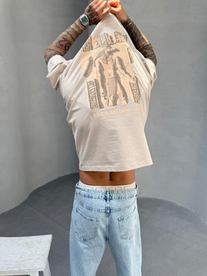Krem Oversize Baskılı T-Shirt