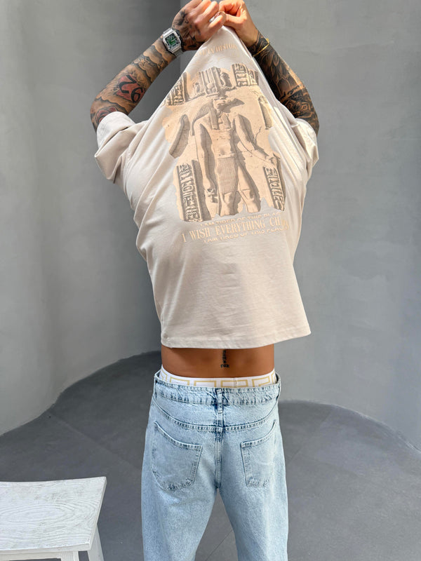 Krem Oversize Baskılı T-Shirt