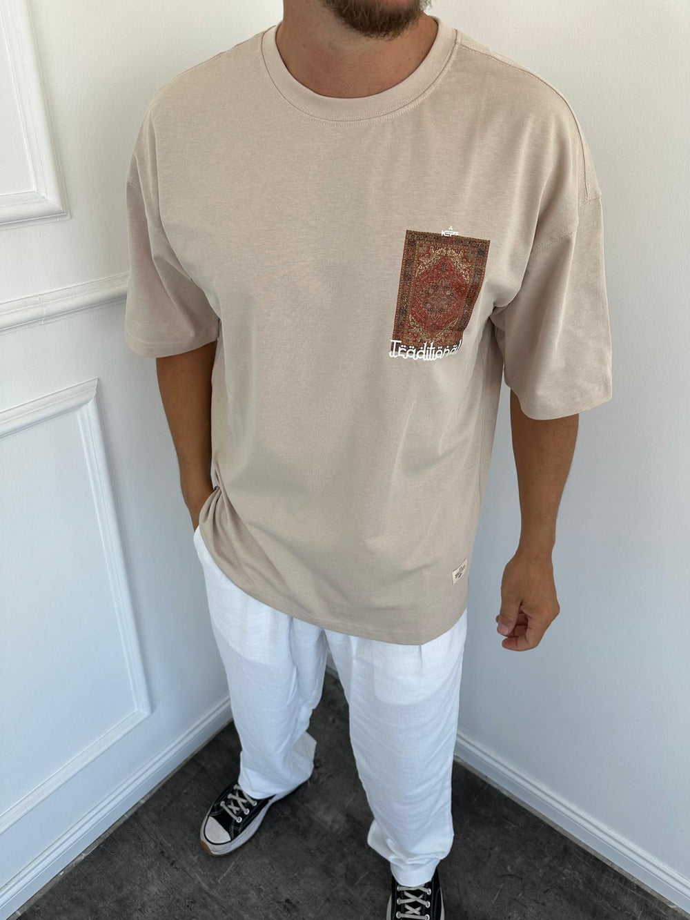 Krem Oversize Baskılı T-Shirt