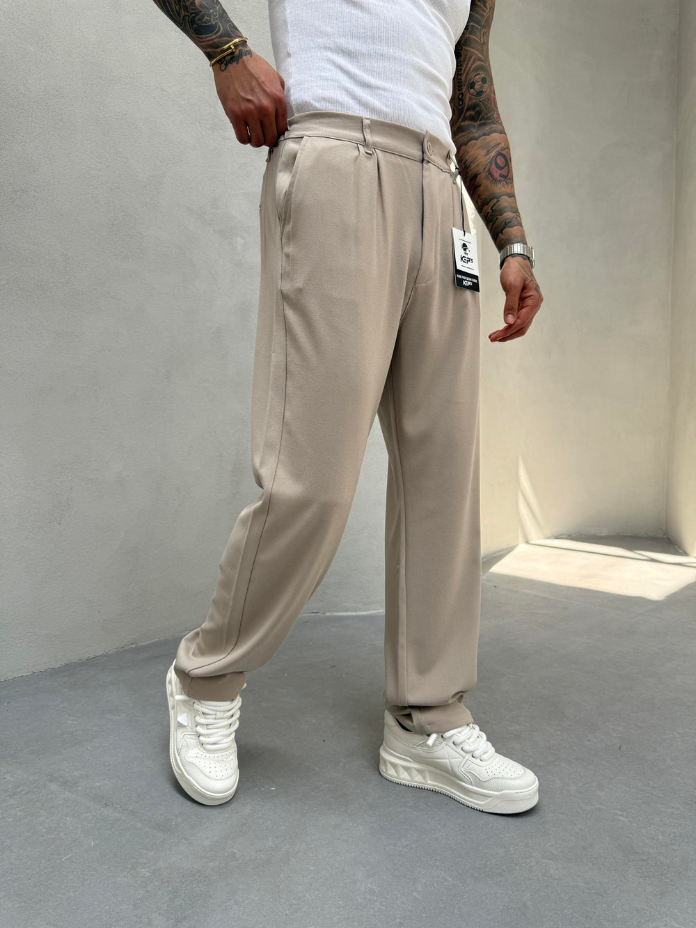Krem Pileli Baggy Kumaş Pantolon