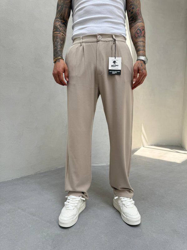 Krem Pileli Baggy Kumaş Pantolon