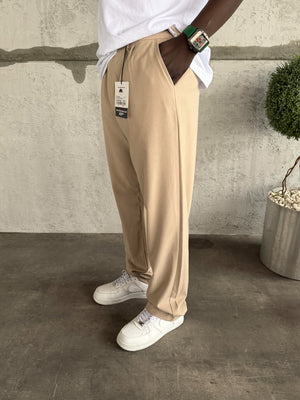 Krem Pileli Baggy Kumaş Pantolon