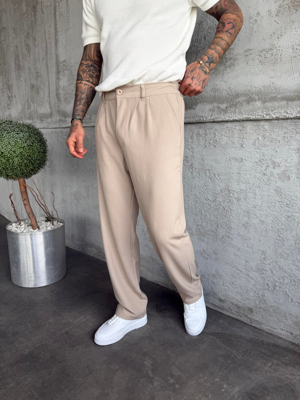 Krem Pileli Baggy Kumaş Pantolon