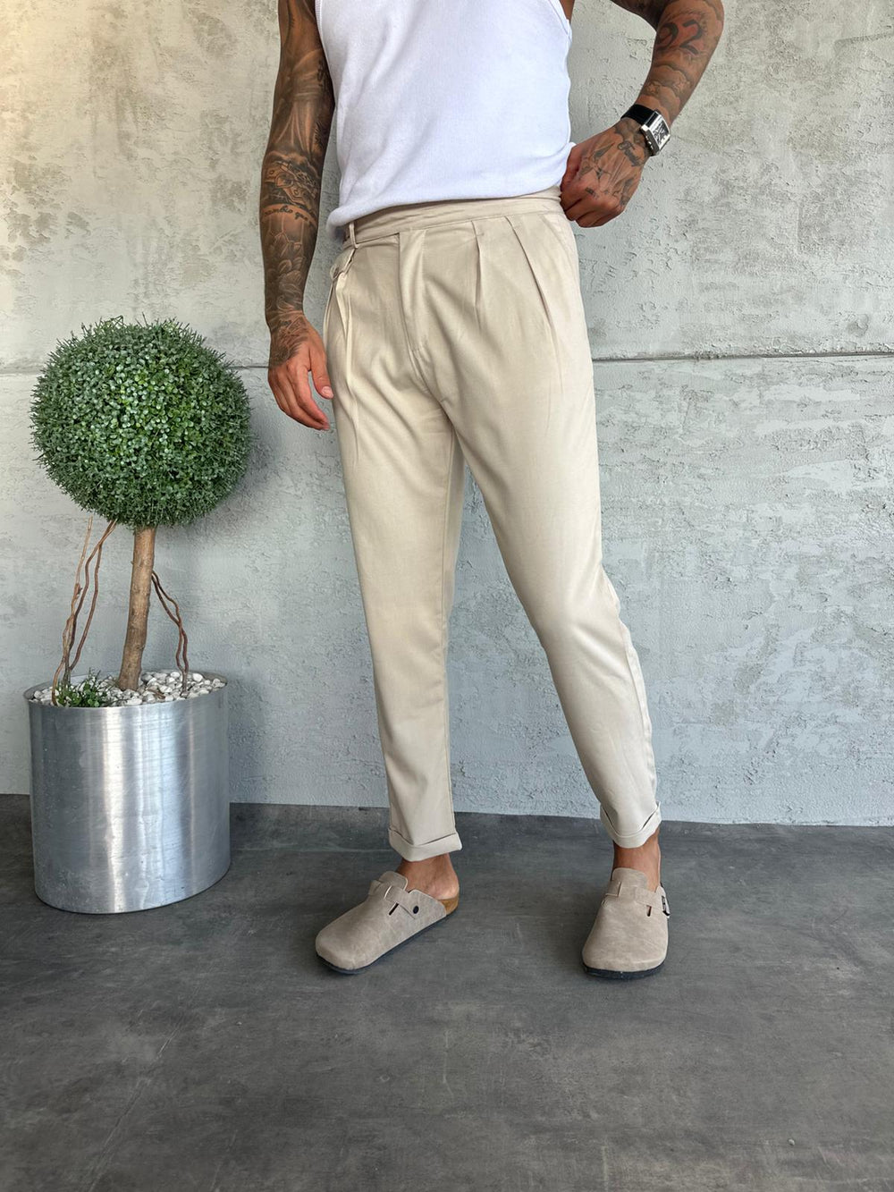 Krem Pileli Boyfriend Kumaş Pantolon