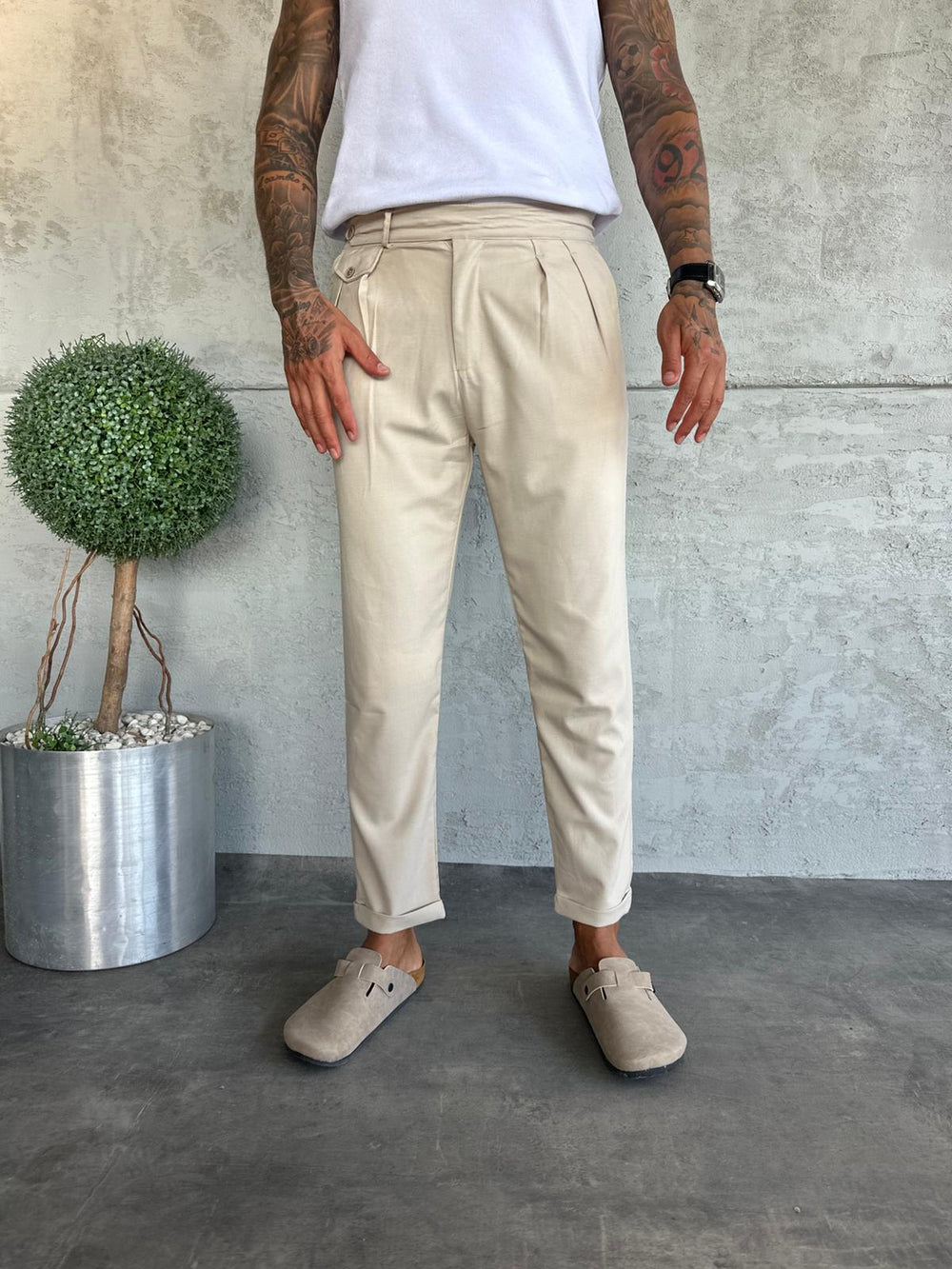 Krem Pileli Boyfriend Kumaş Pantolon