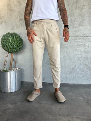 Krem Pileli Boyfriend Kumaş Pantolon