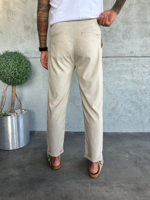 Krem Pileli Boyfriend Kumaş Pantolon