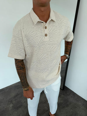 Krem Polo Yaka Örme Triko T-Shirt