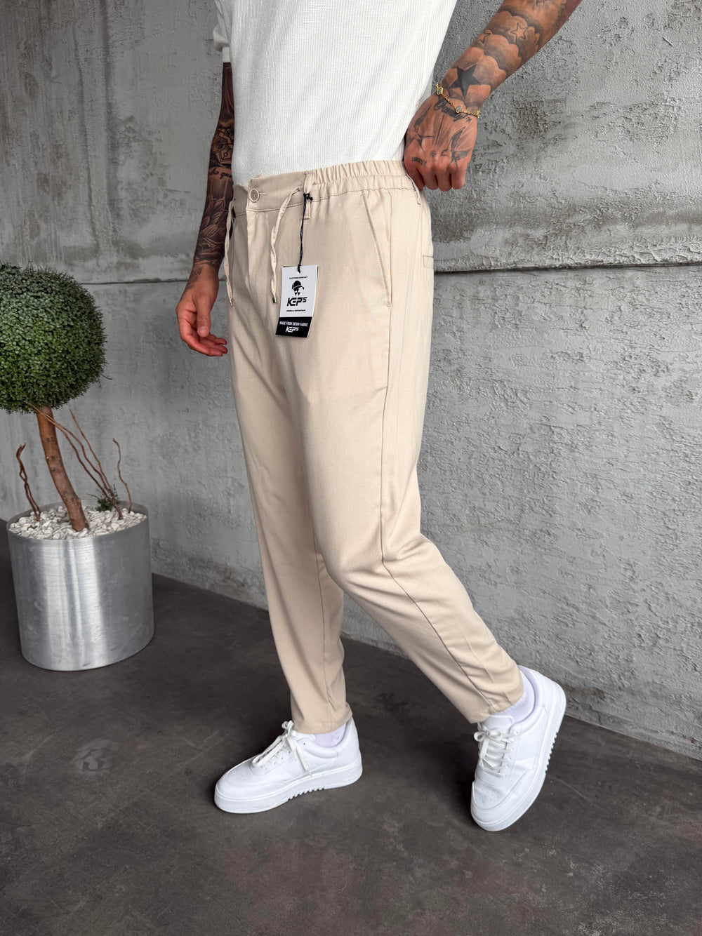Krem Regular Fit Kumaş Pantolon
