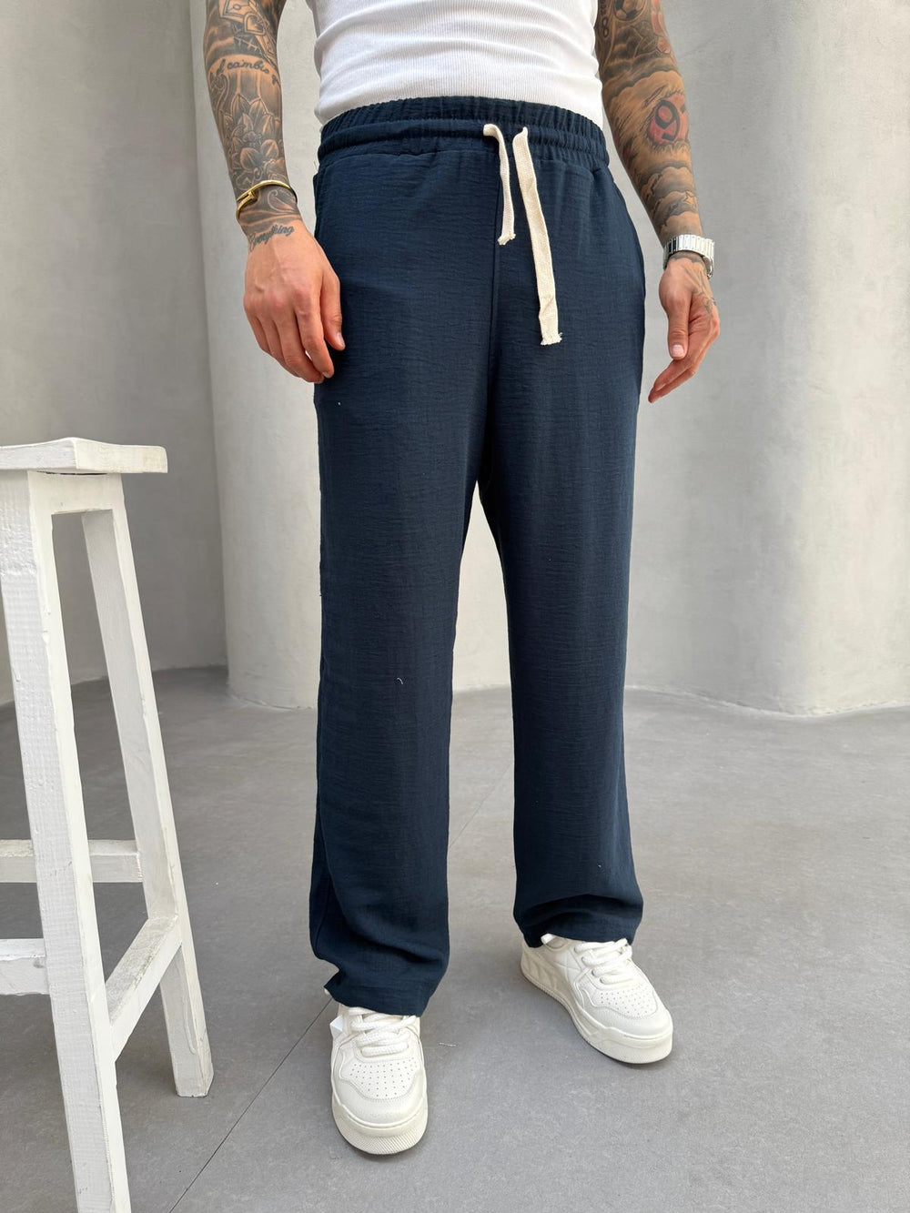 Lacivert Jakarlı Baggy Pantolon