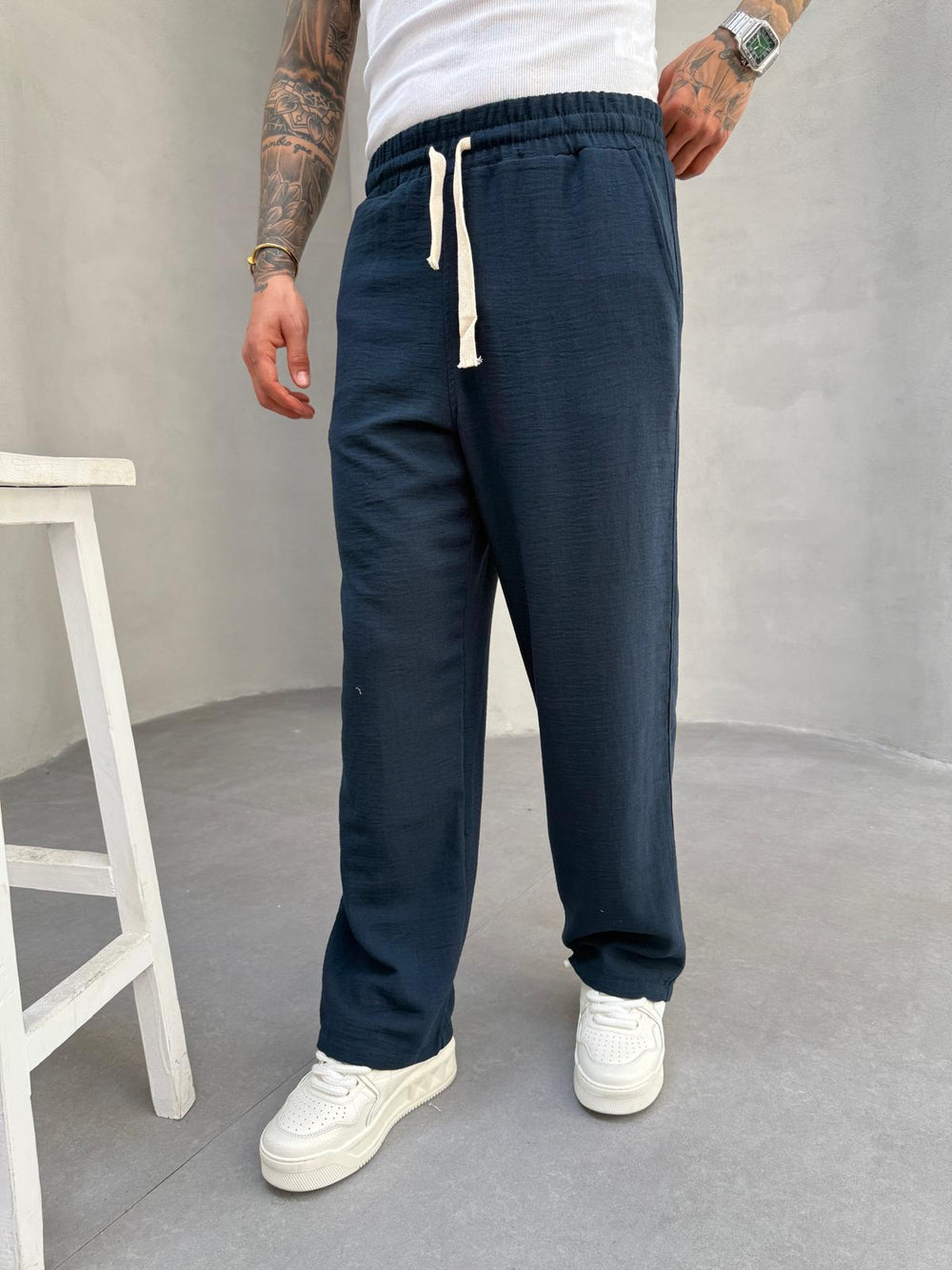 Lacivert Jakarlı Baggy Pantolon