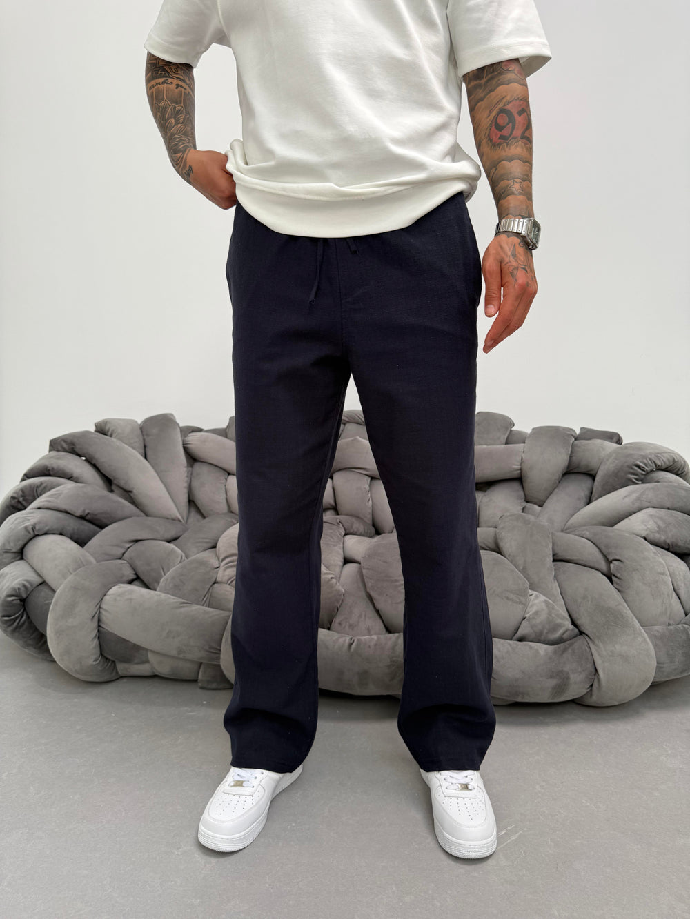 Lacivert Keten Baggy Pantolon