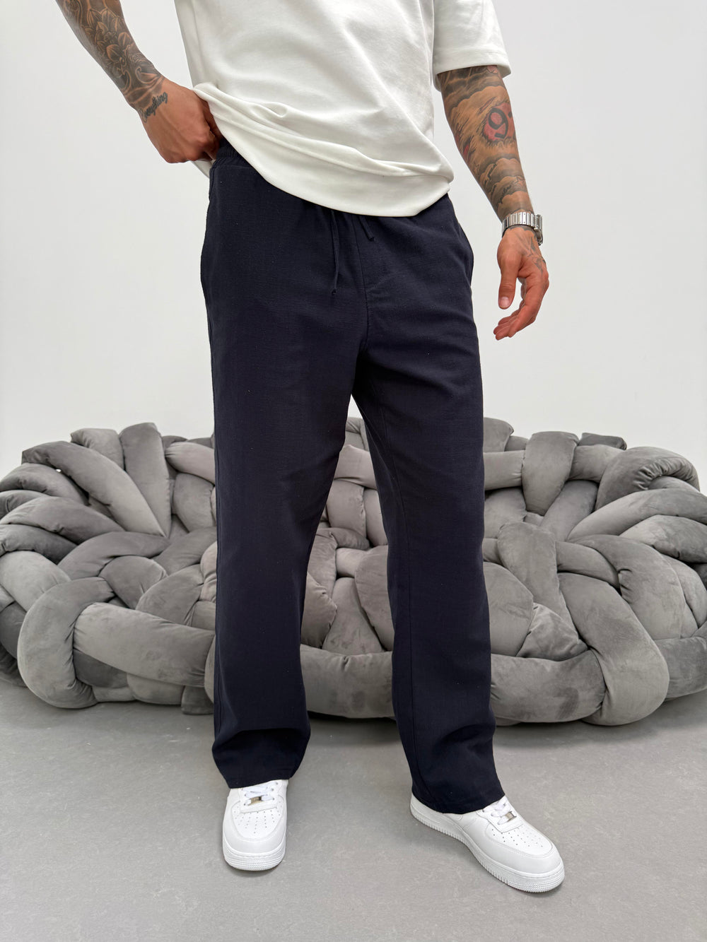 Lacivert Keten Baggy Pantolon