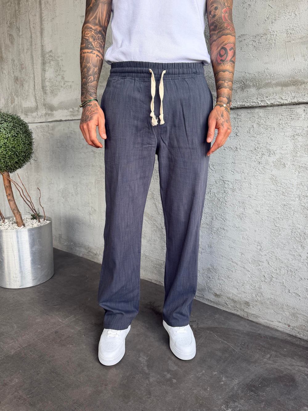 Lacivert Keten Baggy Pantolon