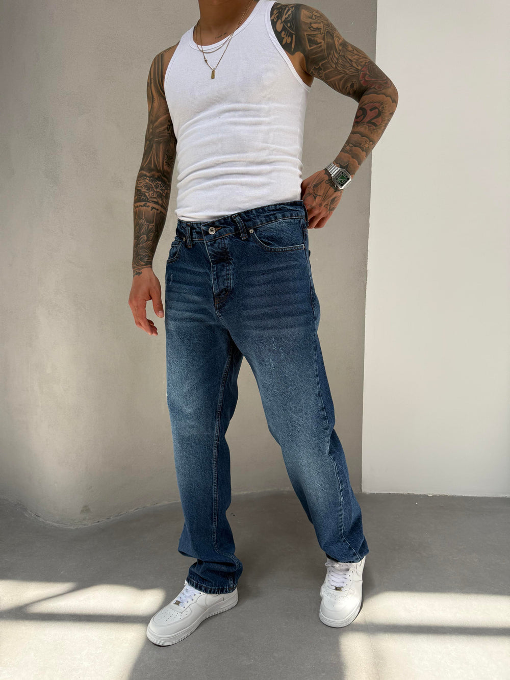 Lacivert Lazerli Baggy Jean