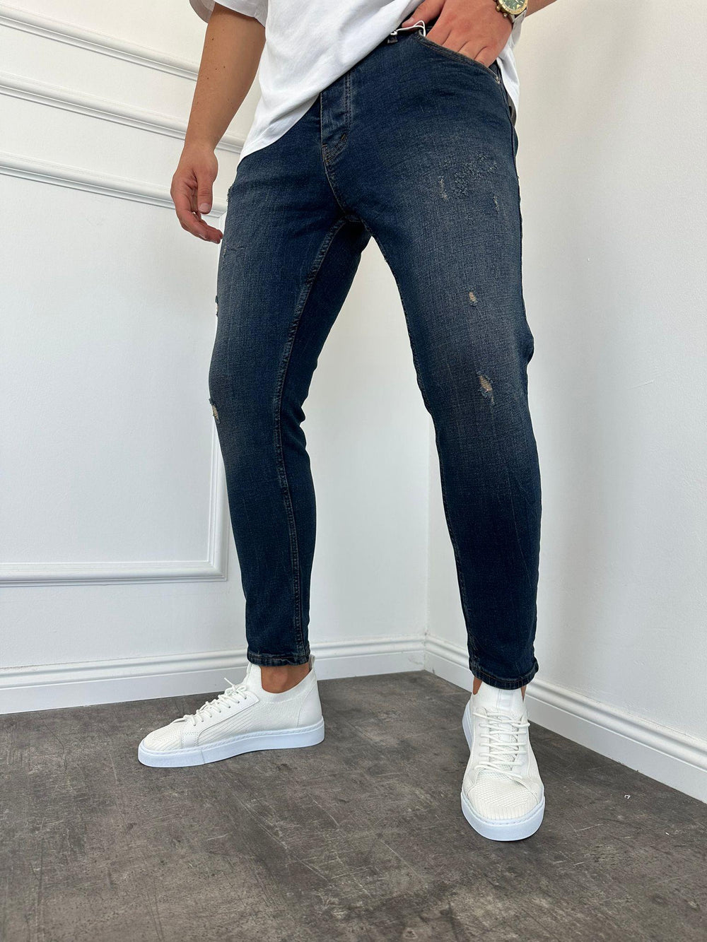 Lacivert Lazerli Slimfit Jean