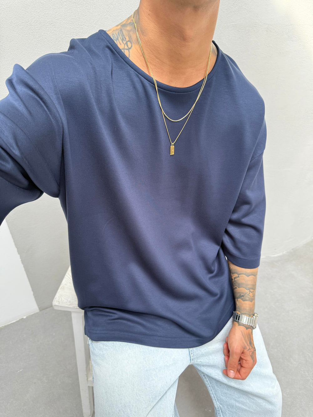 Lacivert Oysho Kumaş Fakir Kol T-Shirt