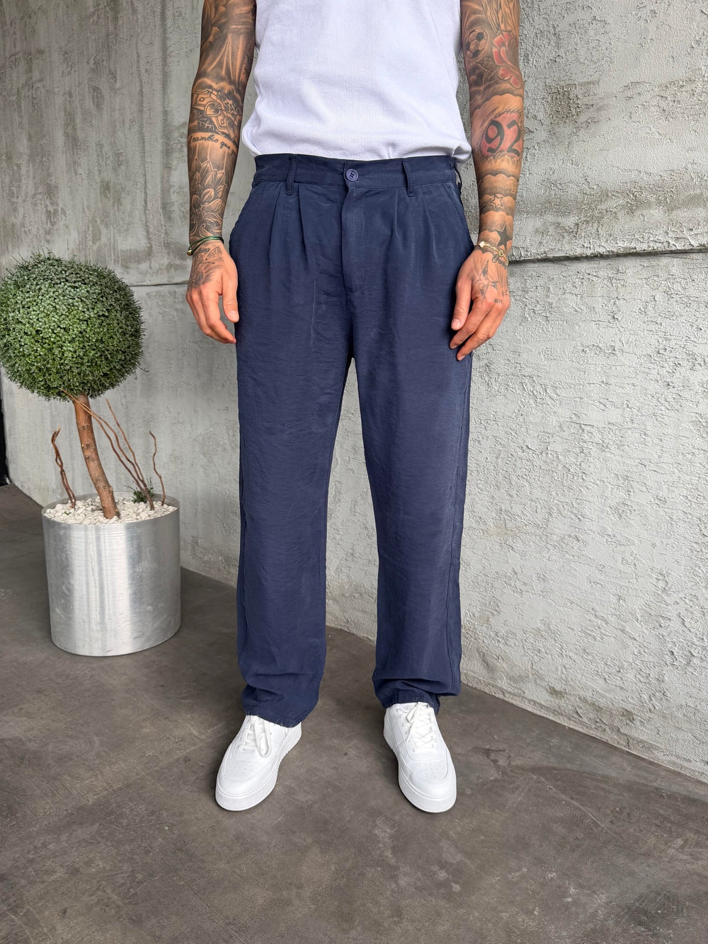 Lacivert Pileli Modal Kumaş Baggy Pantolon